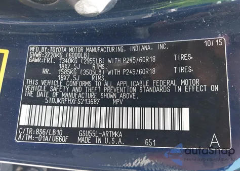 2015 Toyota Highlander Xle V6 from USA, damaged, VIN 5TDJKRFHXFS213687